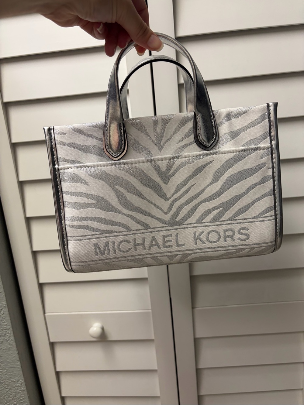 Michael Kors Metallic Silver Zebra-Print Mini Tote